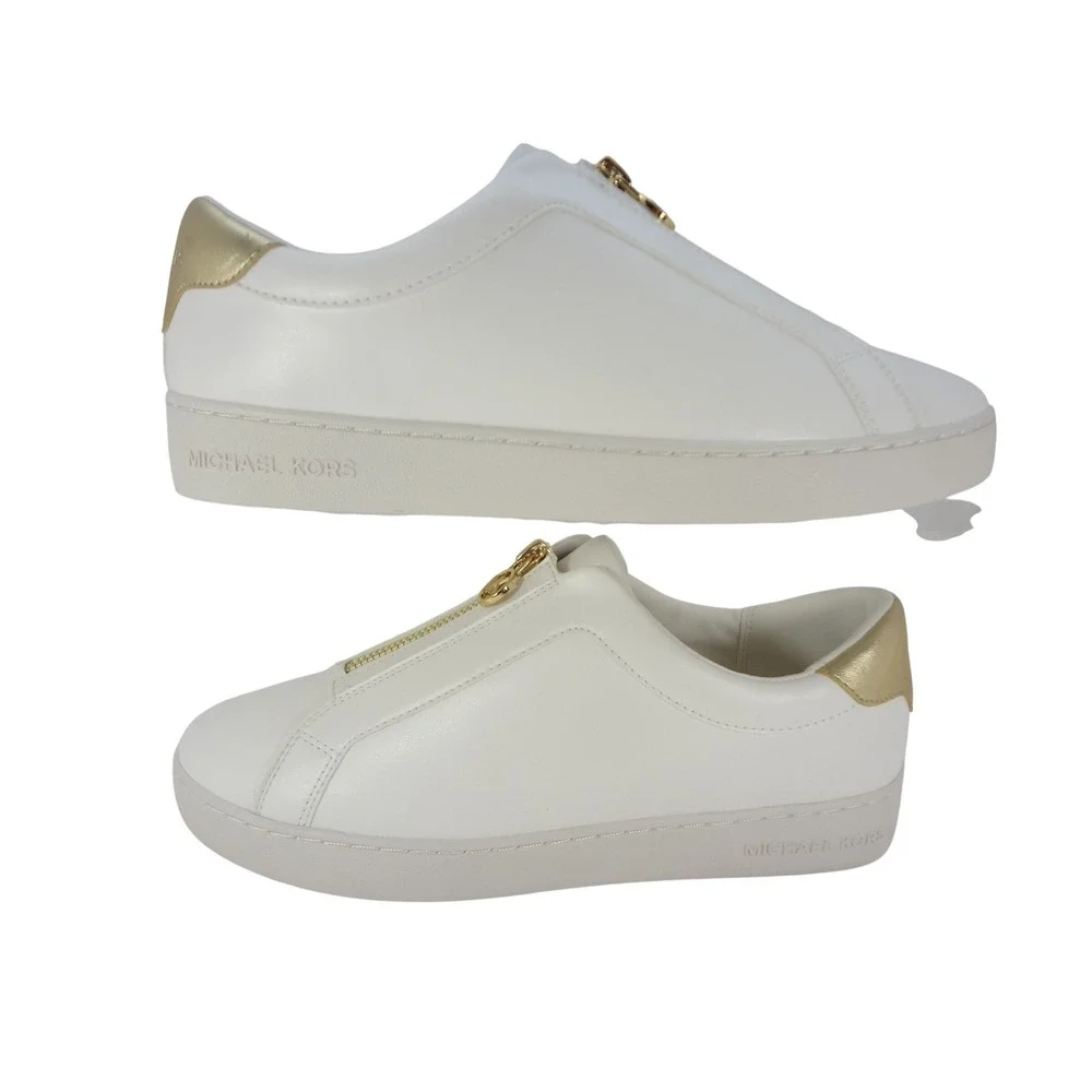 Michael Kors Bodie Sneakers Women 10 White Excellent Front Zip Gold Logo Leather